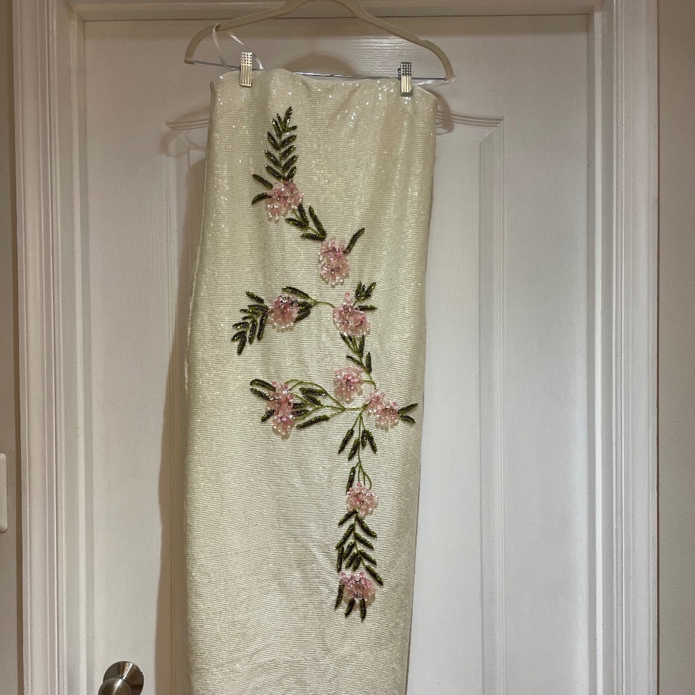 STAUD Ivory Strapless Beaded Floral Dress